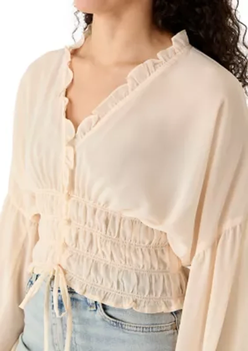 Women's Long Sleeve V-Neck Smock Waist Blouse