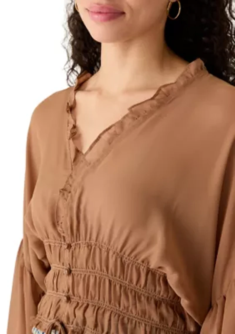 Women's Long Sleeve V-Neck Smock Waist Blouse