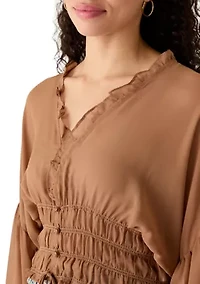 Women's Long Sleeve V-Neck Smock Waist Blouse