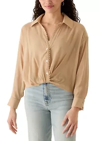 Women's Long Sleeve Embroidered Trim Button Down Shirt