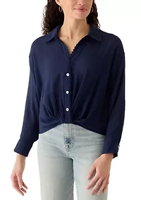 Women's Long Sleeve Embroidered Trim Button Down Shirt