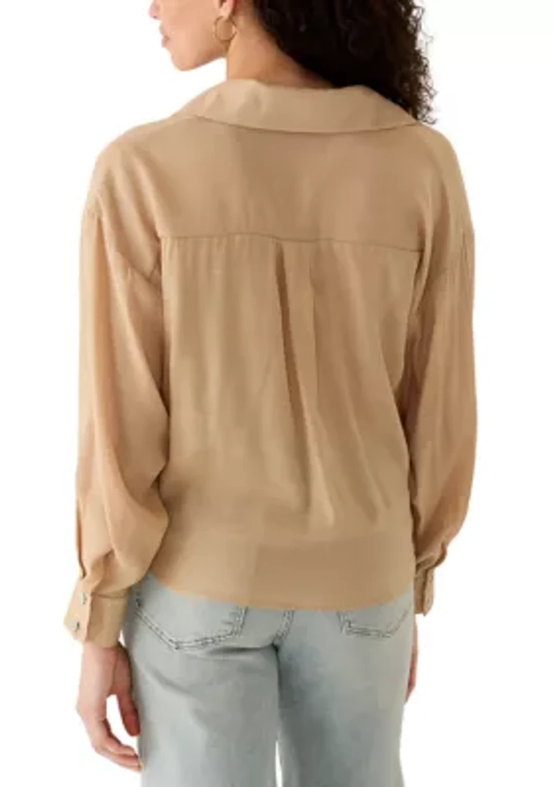 Women's Long Sleeve Embroidered Trim Button Down Shirt