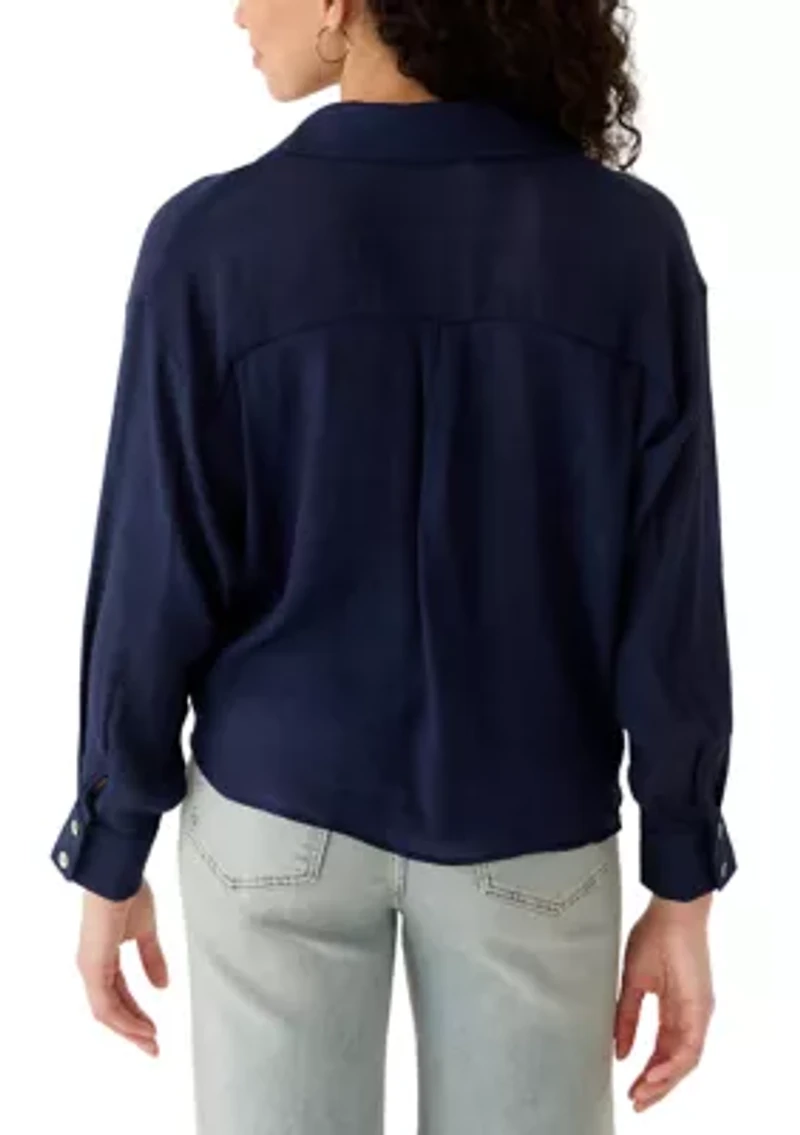 Women's Long Sleeve Embroidered Trim Button Down Shirt