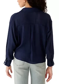 Women's Long Sleeve Embroidered Trim Button Down Shirt