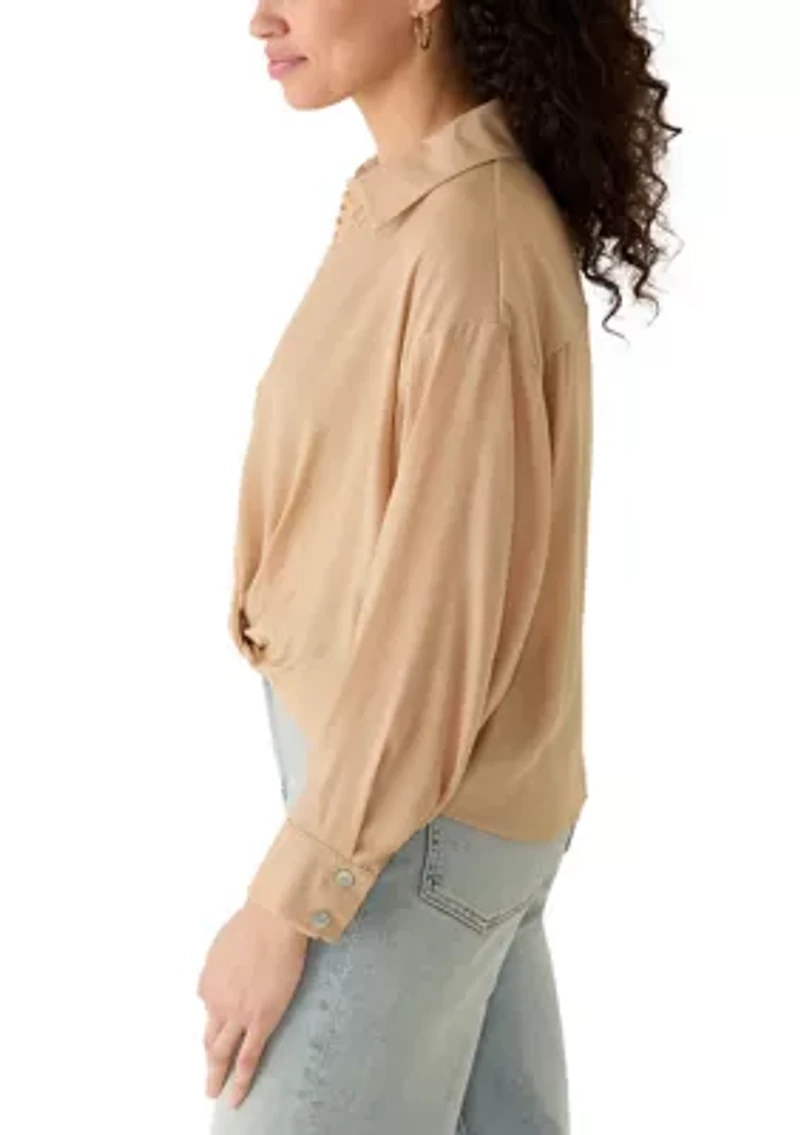Women's Long Sleeve Embroidered Trim Button Down Shirt