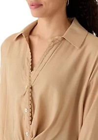 Women's Long Sleeve Embroidered Trim Button Down Shirt