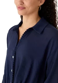 Women's Long Sleeve Embroidered Trim Button Down Shirt