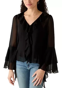 Women's Long Sleeve V-Neck Ruffle Top