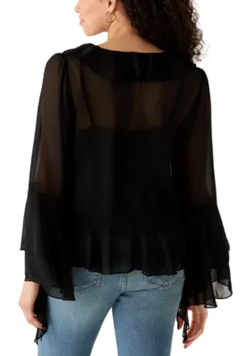 Women's Long Sleeve V-Neck Ruffle Top