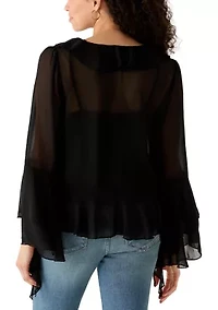 Women's Long Sleeve V-Neck Ruffle Top