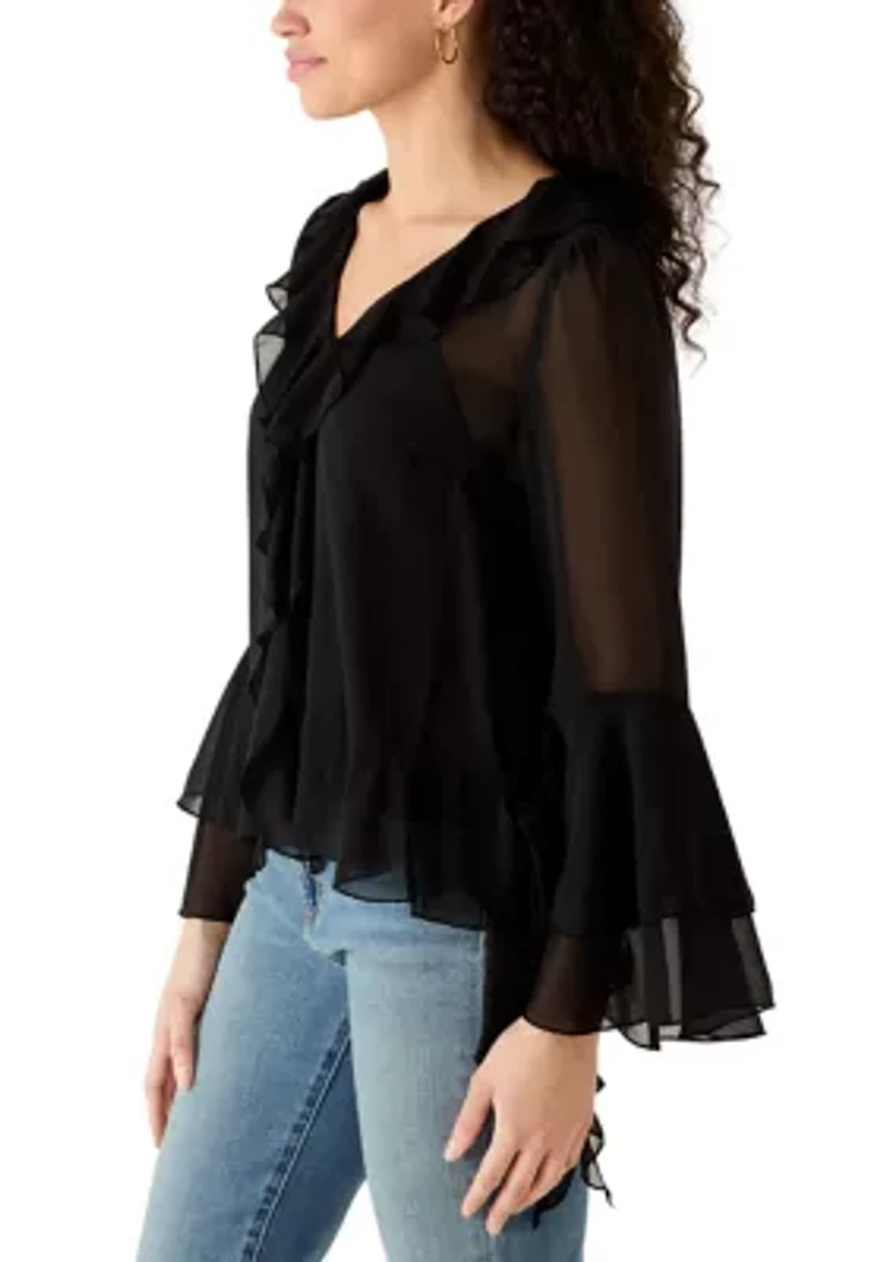 Women's Long Sleeve V-Neck Ruffle Top