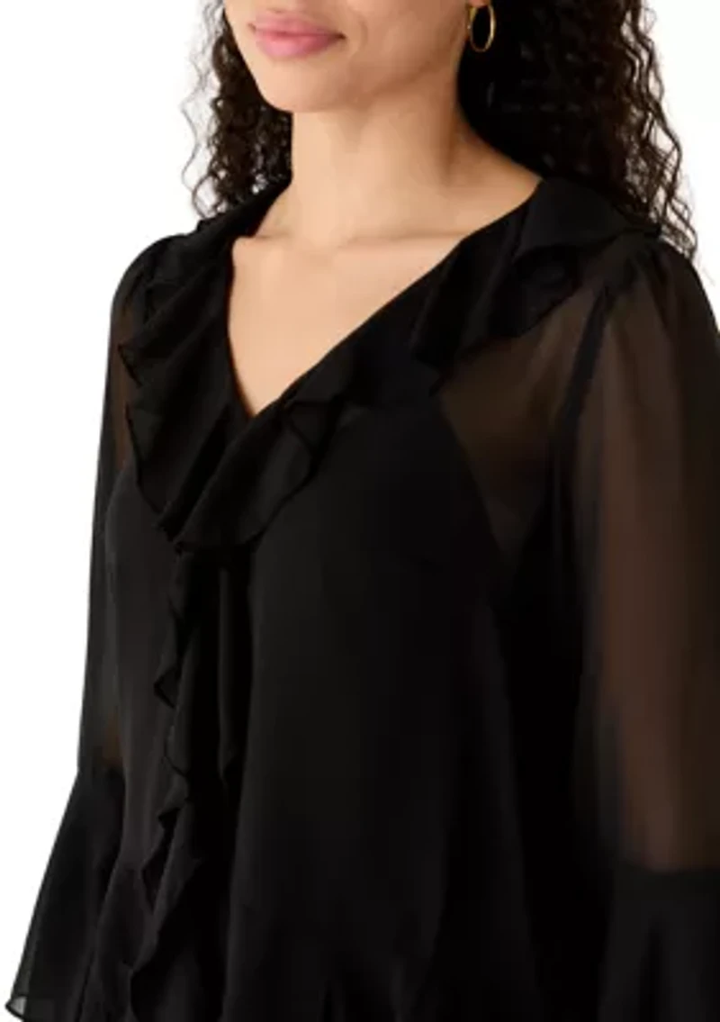 Women's Long Sleeve V-Neck Ruffle Top