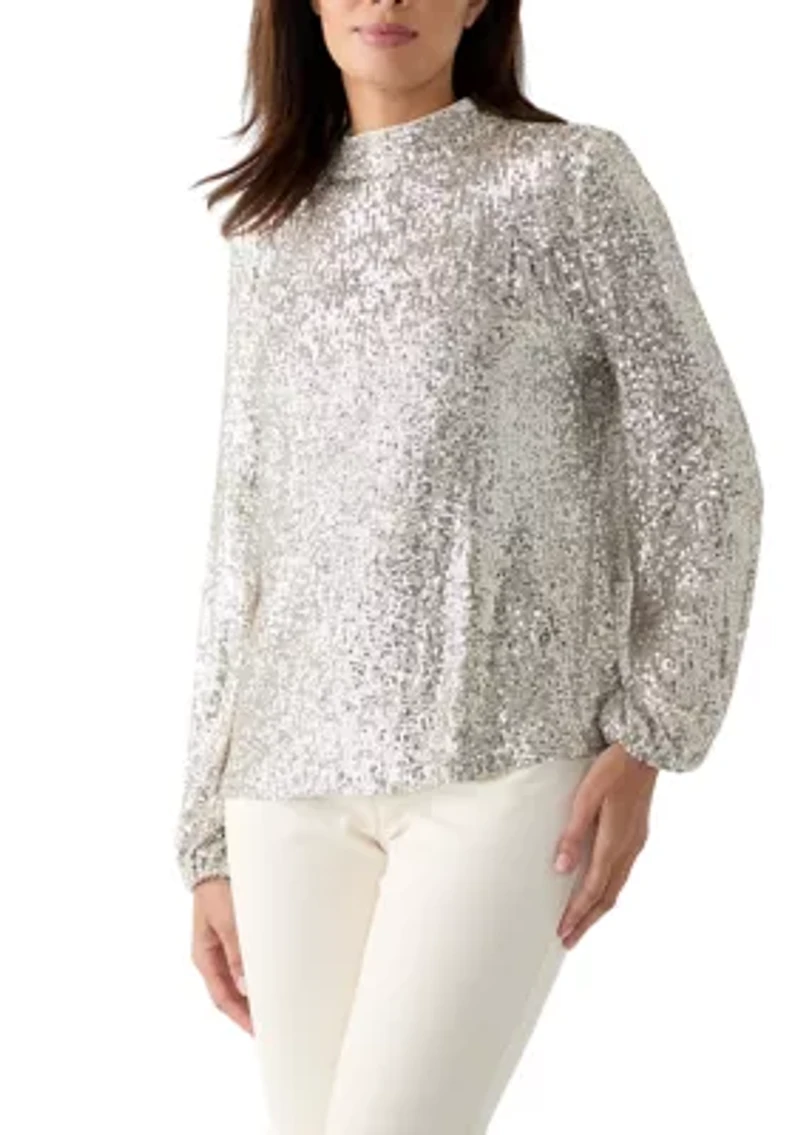 Women's Sequin Pleat Mock Neck Top