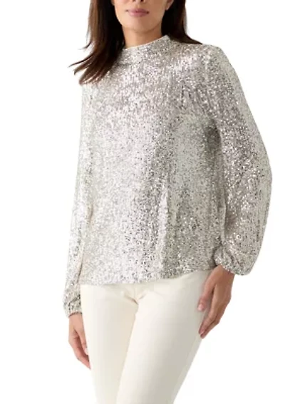 Women's Sequin Pleat Mock Neck Top