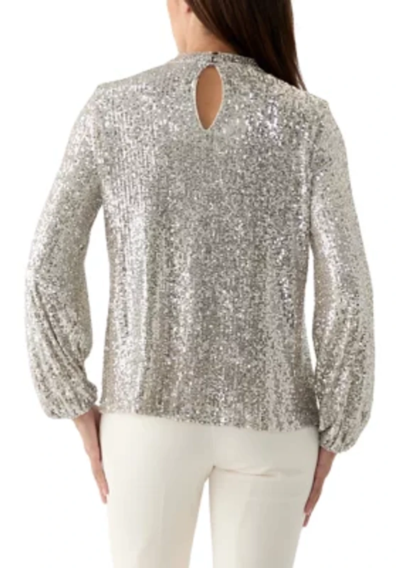 Women's Sequin Pleat Mock Neck Top