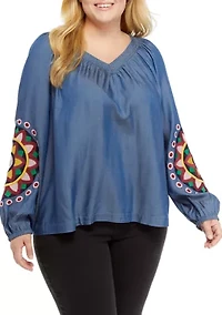 Plus Embellished Balloon Sleeve Peasant Top