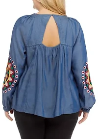 Plus Embellished Balloon Sleeve Peasant Top