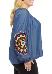 Plus Embellished Balloon Sleeve Peasant Top