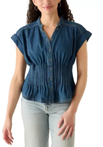 Women's Button Front Short Sleeve Pleated Top