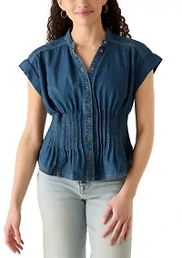 Women's Button Front Short Sleeve Pleated Top