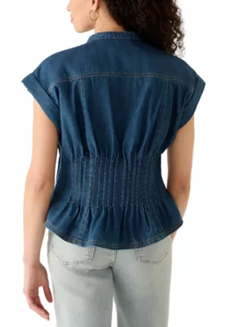 Women's Button Front Short Sleeve Pleated Top