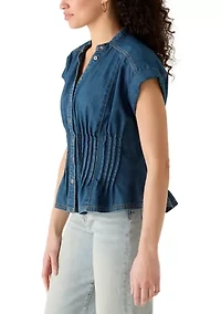 Women's Button Front Short Sleeve Pleated Top