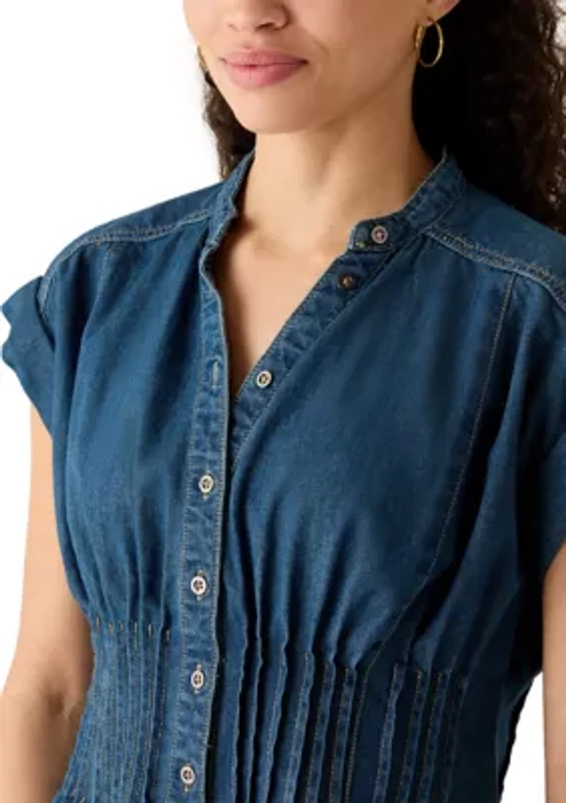 Women's Button Front Short Sleeve Pleated Top