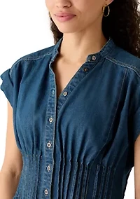 Women's Button Front Short Sleeve Pleated Top