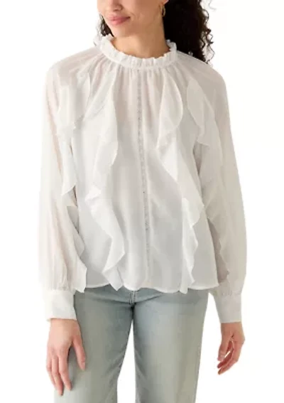 Women's Long Sleeve Ruffled Lace Sheer Blouse