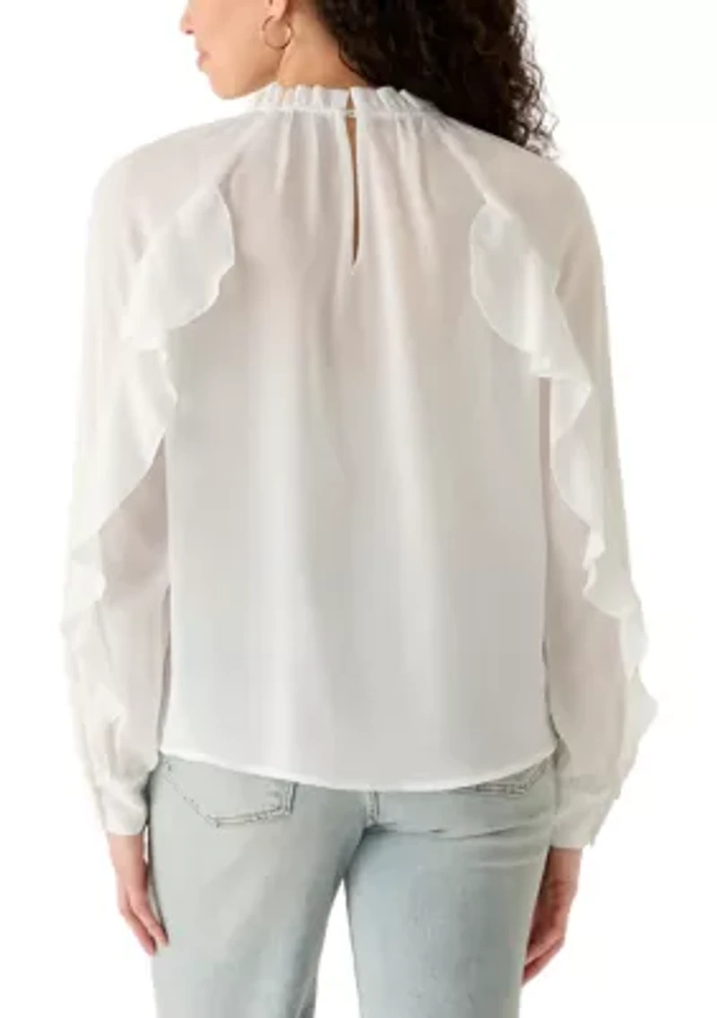 Women's Long Sleeve Ruffled Lace Sheer Blouse