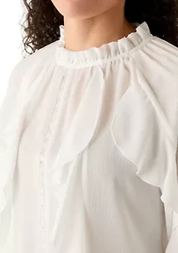 Women's Long Sleeve Ruffled Lace Sheer Blouse