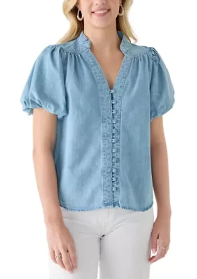 Women's Button Front Short Puff Sleeve Denim Shirt