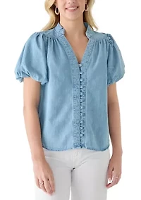 Women's Button Front Short Puff Sleeve Denim Shirt