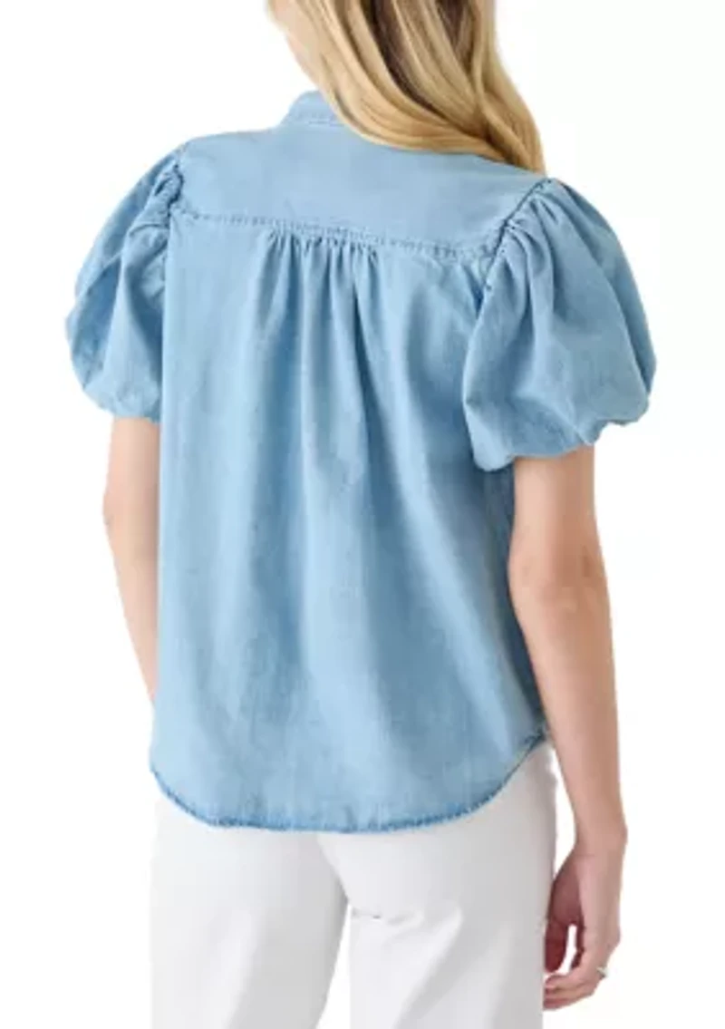 Women's Button Front Short Puff Sleeve Denim Shirt