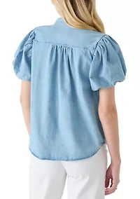 Women's Button Front Short Puff Sleeve Denim Shirt