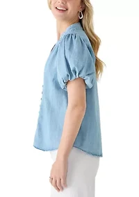 Women's Button Front Short Puff Sleeve Denim Shirt