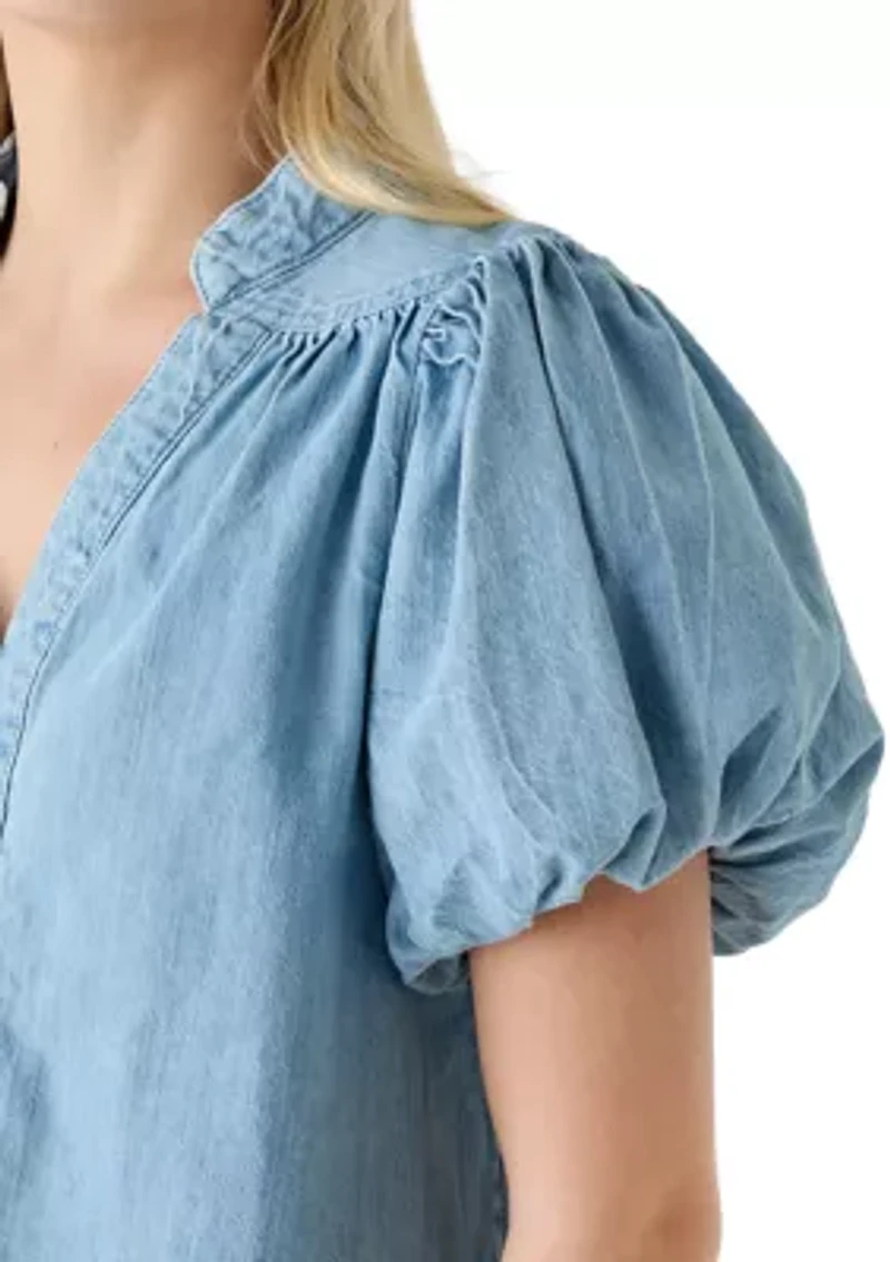 Women's Button Front Short Puff Sleeve Denim Shirt
