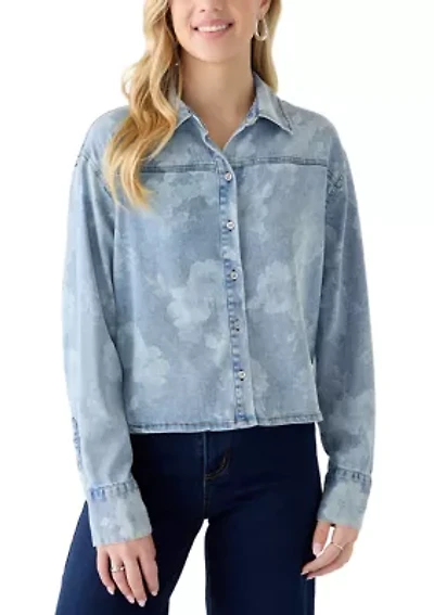 Women's Button Front Long Sleeve Printed Denim Shirt