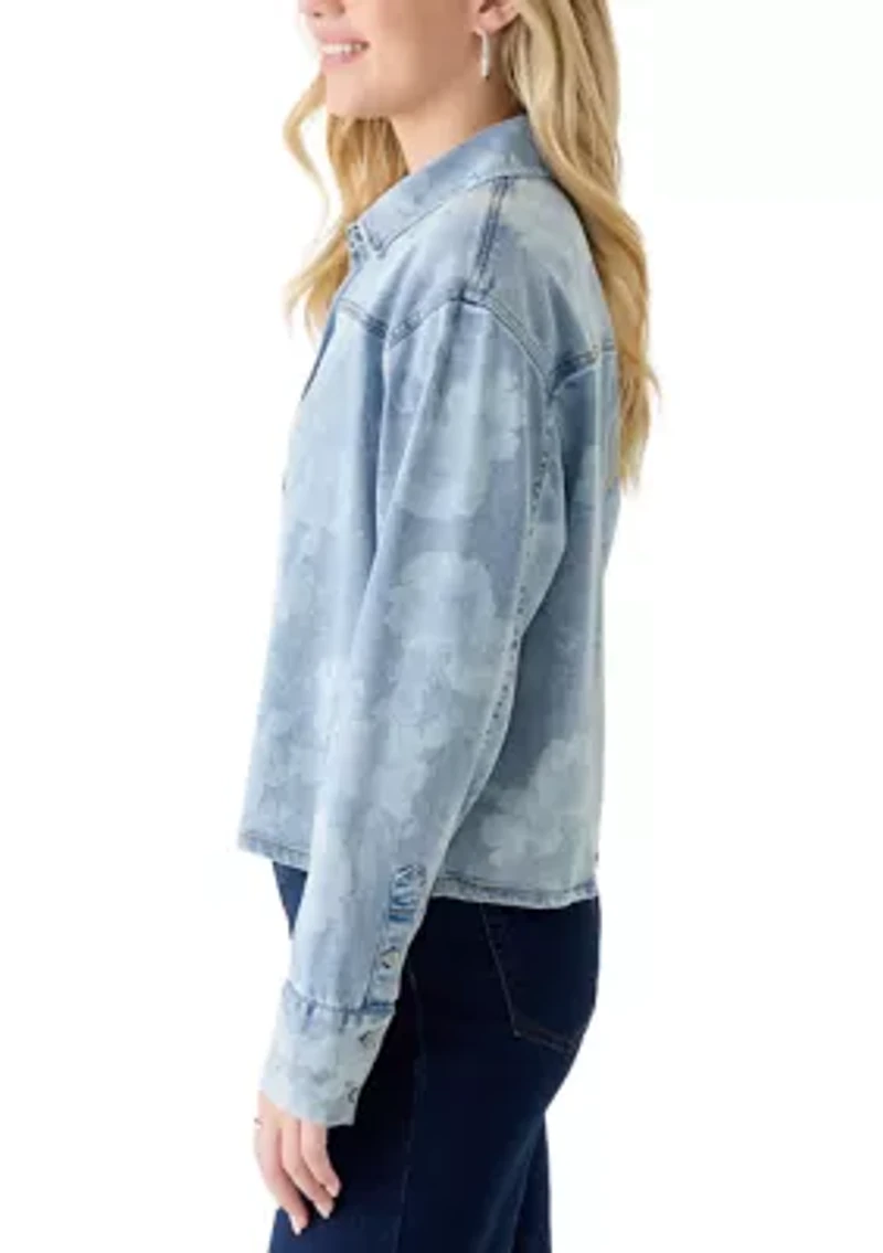 Women's Button Front Long Sleeve Printed Denim Shirt