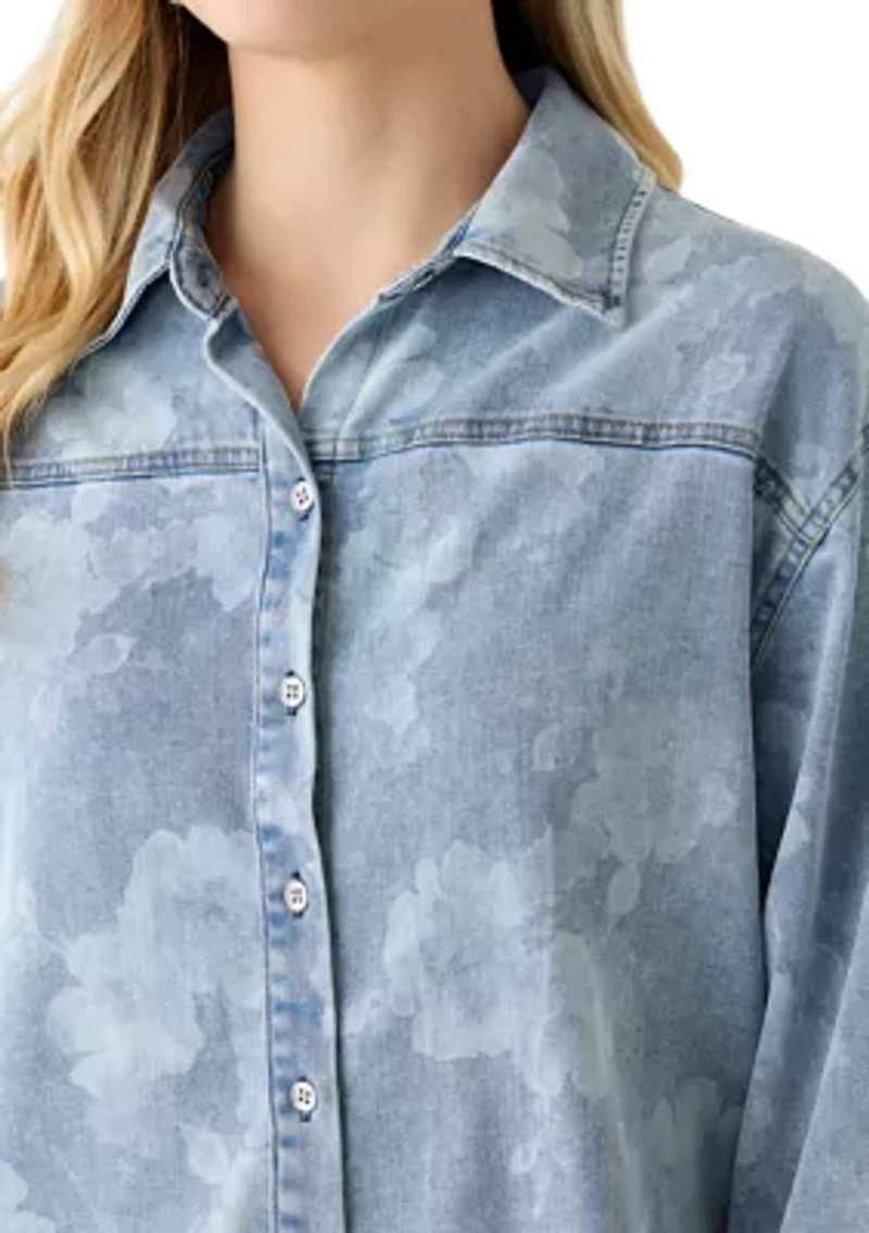 Women's Button Front Long Sleeve Printed Denim Shirt