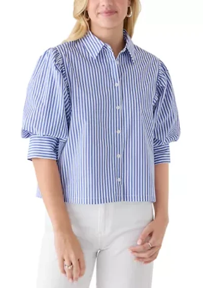 Women's Short Puff Sleeve Button Up Shirt