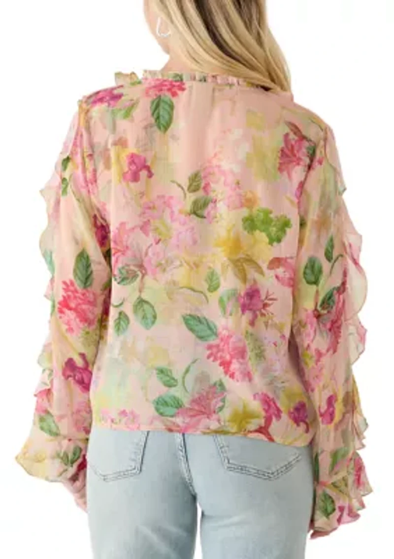 Women's Long Sleeve Ruffle Printed Sheer Blouse