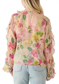Women's Long Sleeve Ruffle Printed Sheer Blouse