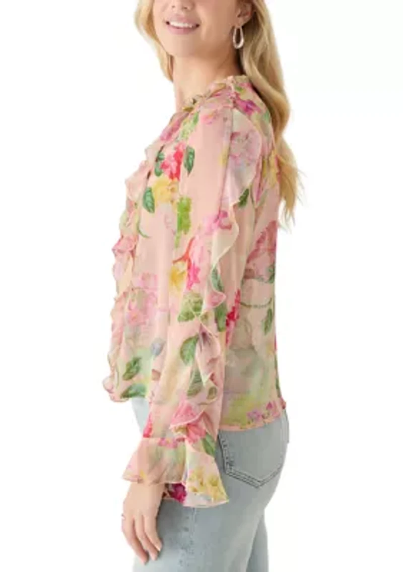 Women's Long Sleeve Ruffle Printed Sheer Blouse