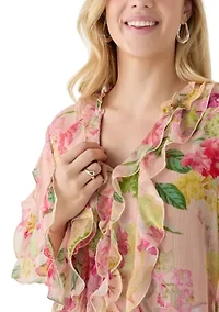 Women's Long Sleeve Ruffle Printed Sheer Blouse
