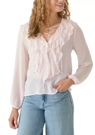 Women's Long Sleeve Ruffled Sheer Blouse