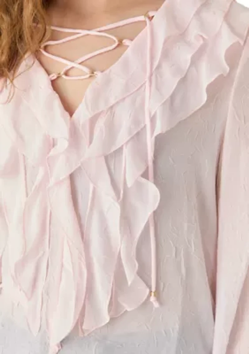 Women's Long Sleeve Ruffled Sheer Blouse