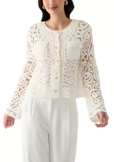 Women's Long Sleeve Crew Neck Button Up Crochet Coat