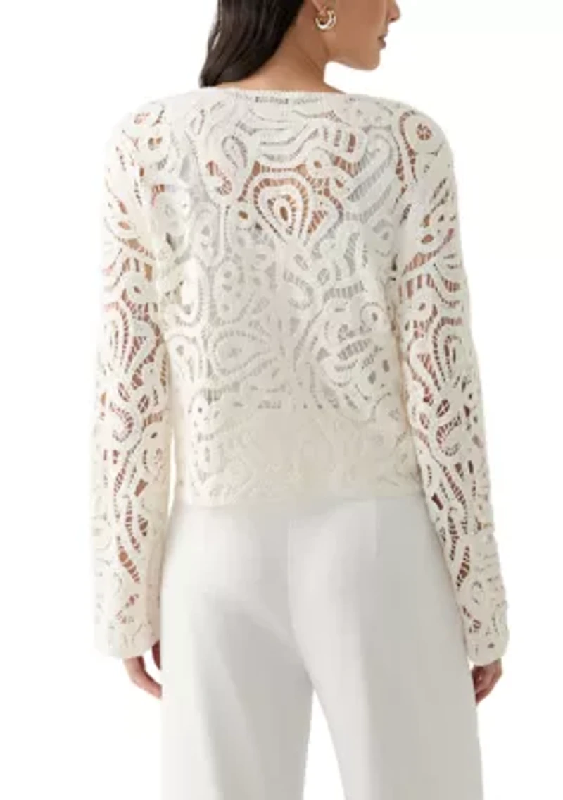 Women's Long Sleeve Crew Neck Button Up Crochet Coat