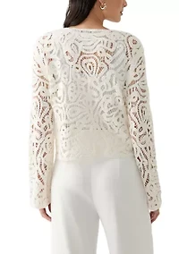 Women's Long Sleeve Crew Neck Button Up Crochet Coat